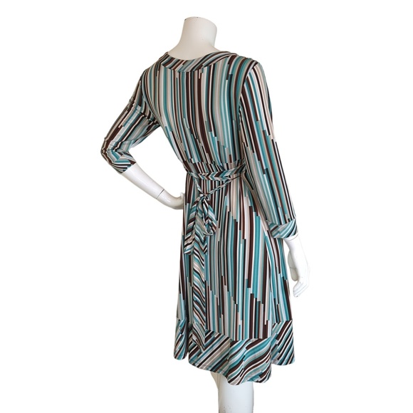 BCBGMaxAzria Retro Teal Blue Brown Striped Dress V Neck 3/4 Sleeves - Picture 4 of 13